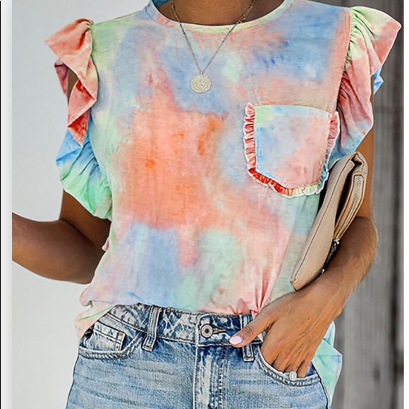 1 left! Orange/Blue Slvless Top w/Ruffles &Pocket! - Picture 3 of 6